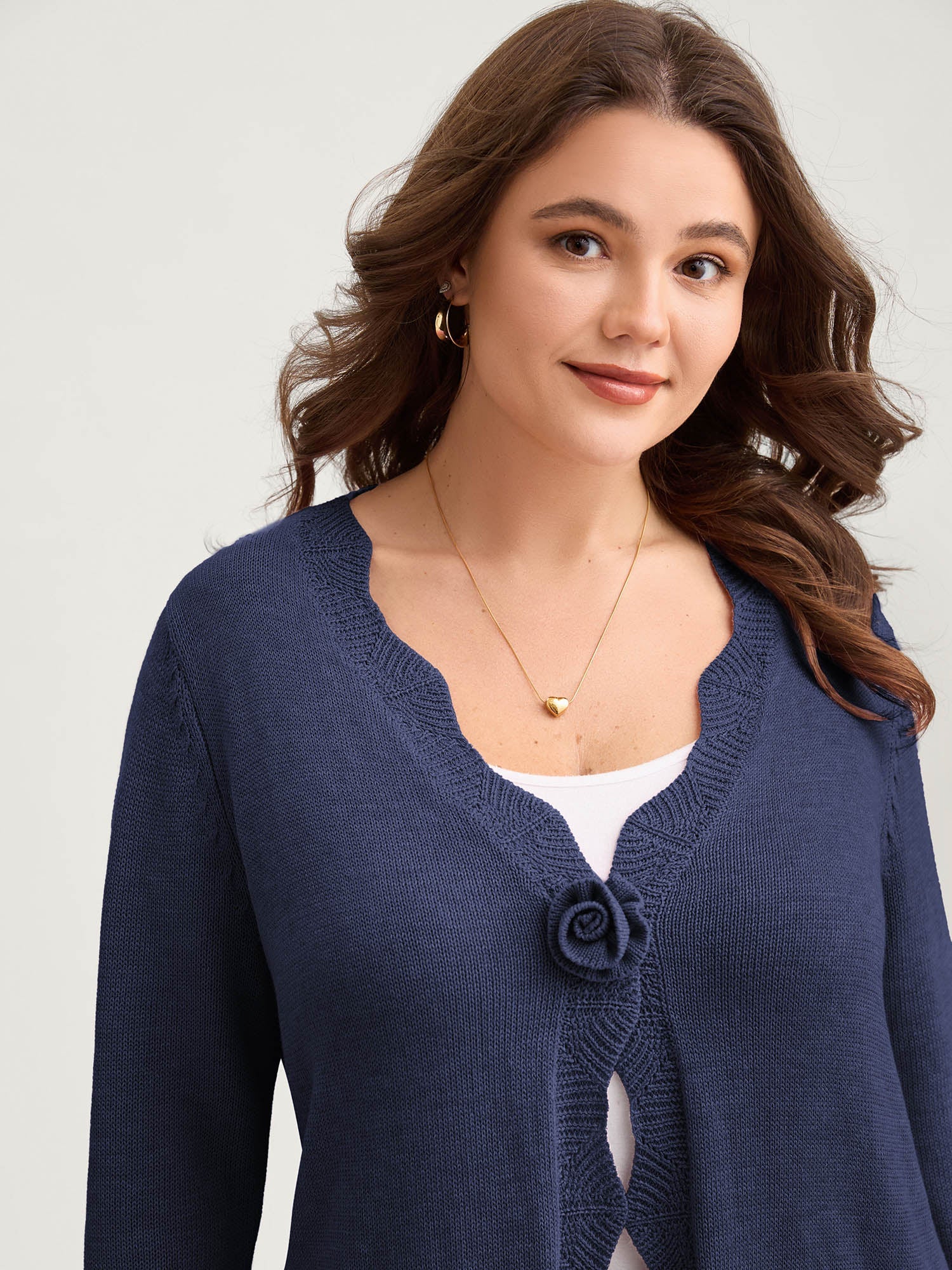 Supersoft Textured Floral Button Ruffled Hem Knit Cardigan