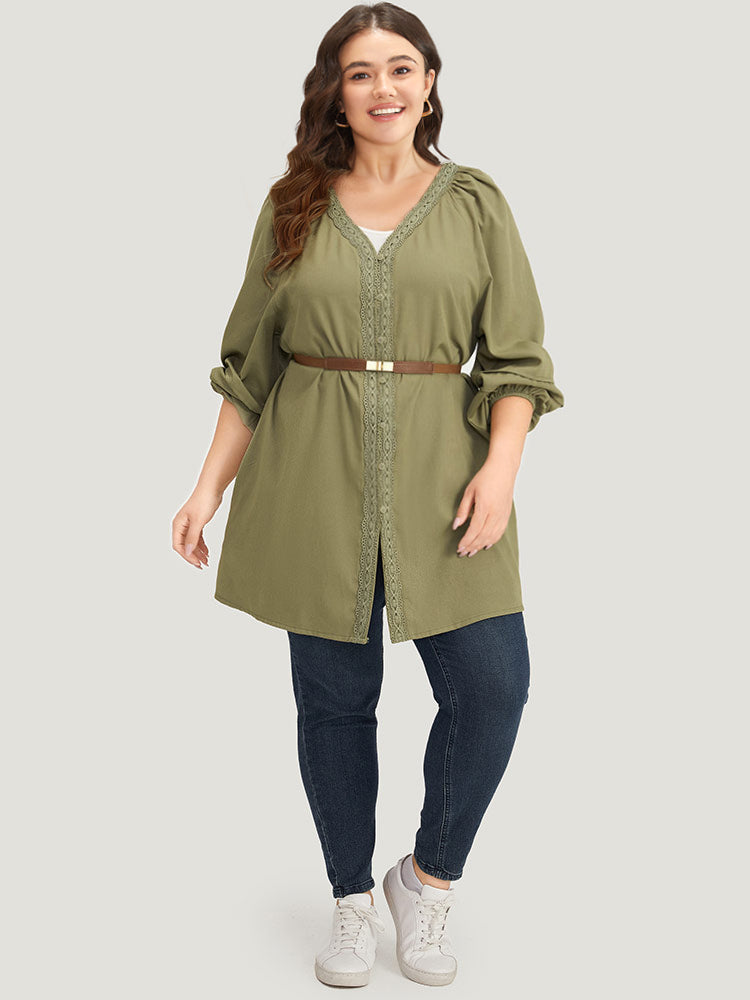 Plain Contrast Lace Lantern Sleeve Button Fly Coat