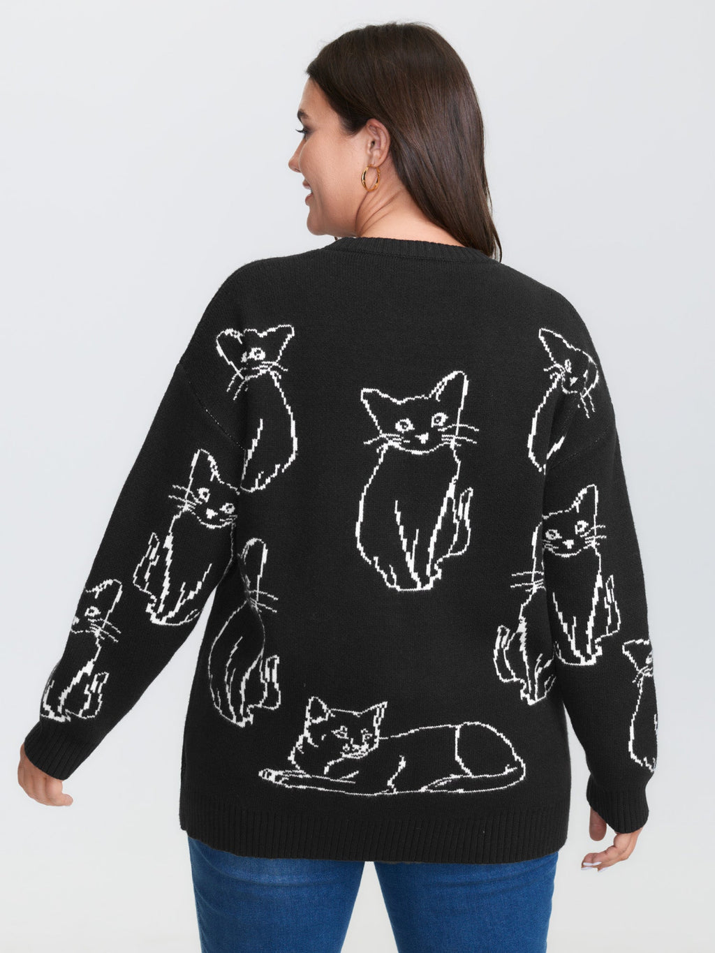 Cat Jacquard Pattern Drop Shoulder Pullover