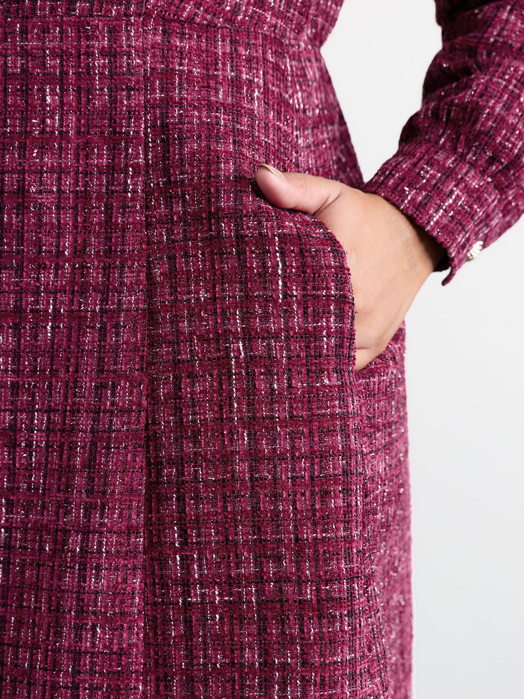 Tweed Metal Button Stretchy Waist Knee Dress