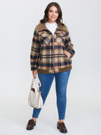 Plaid Pattern Fuzzy Collar Zipper Jacket