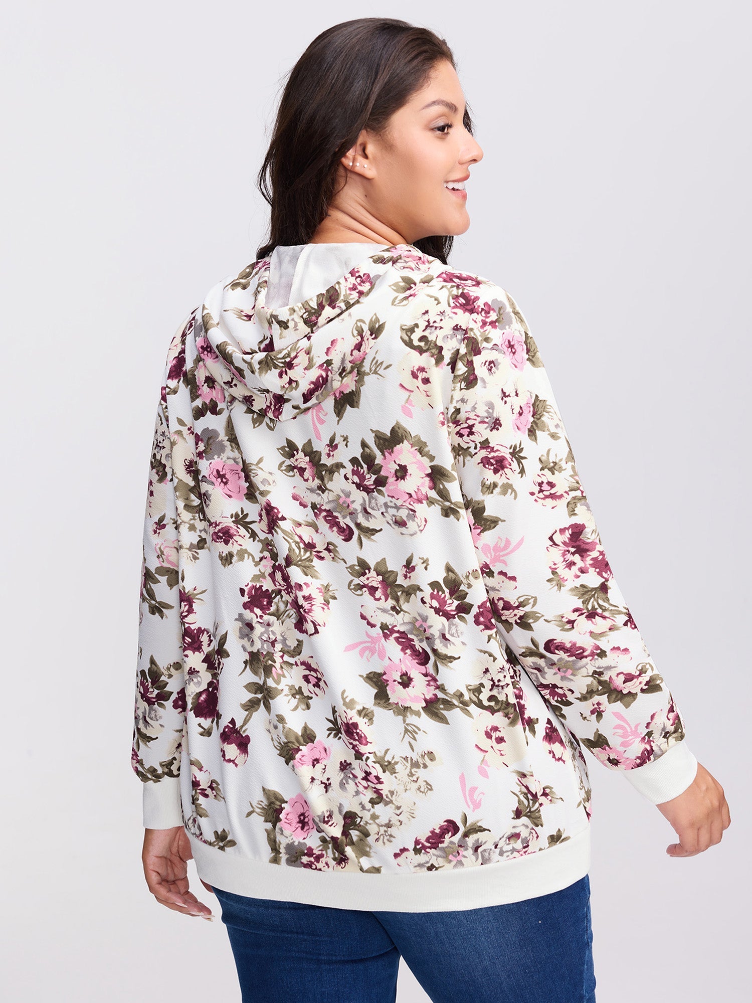 Flower Print Pockets Zipper Jacket