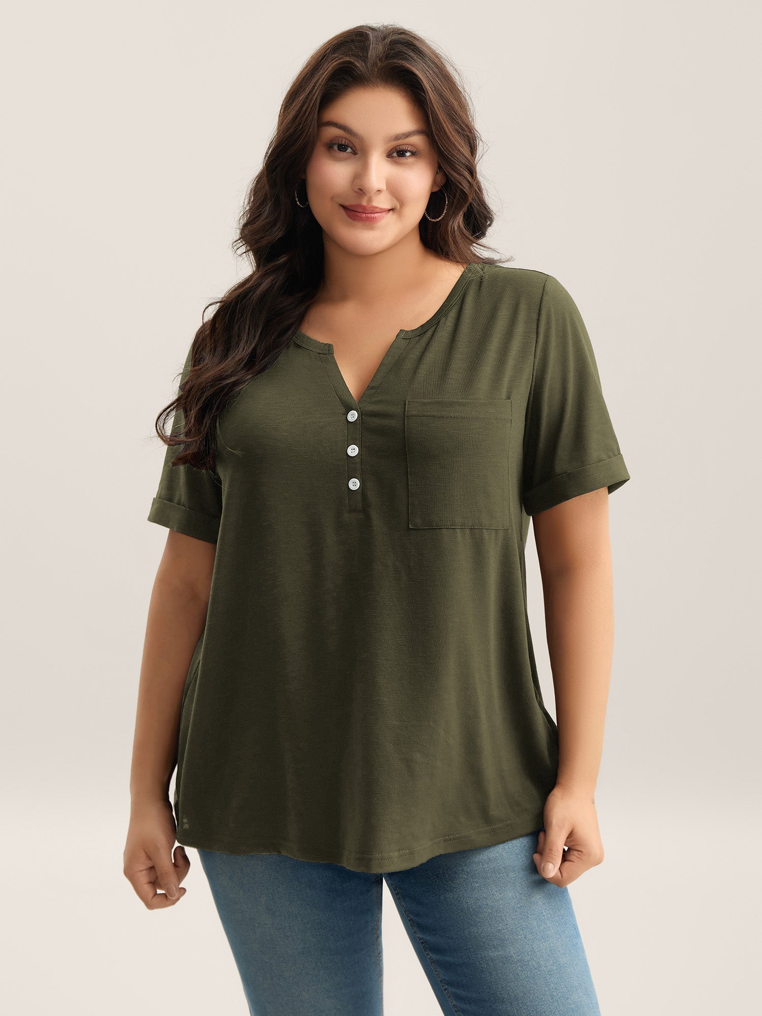 Solid Split Neck Button Detail T-Shirt