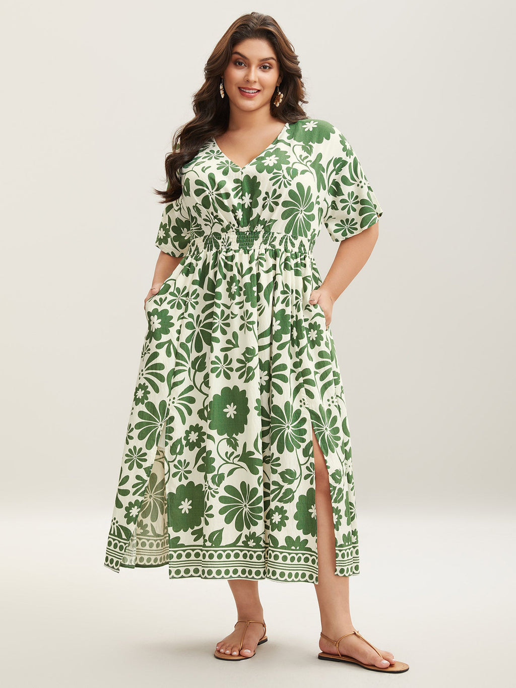 Large Floral Print Pockets Midi Dress