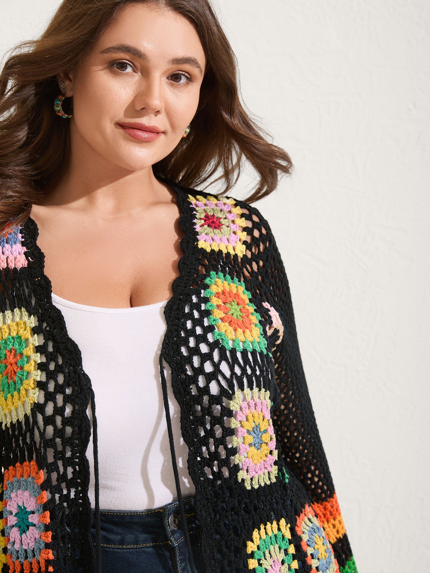 Colorful Floral Crochet Tie Knit Cardigan
