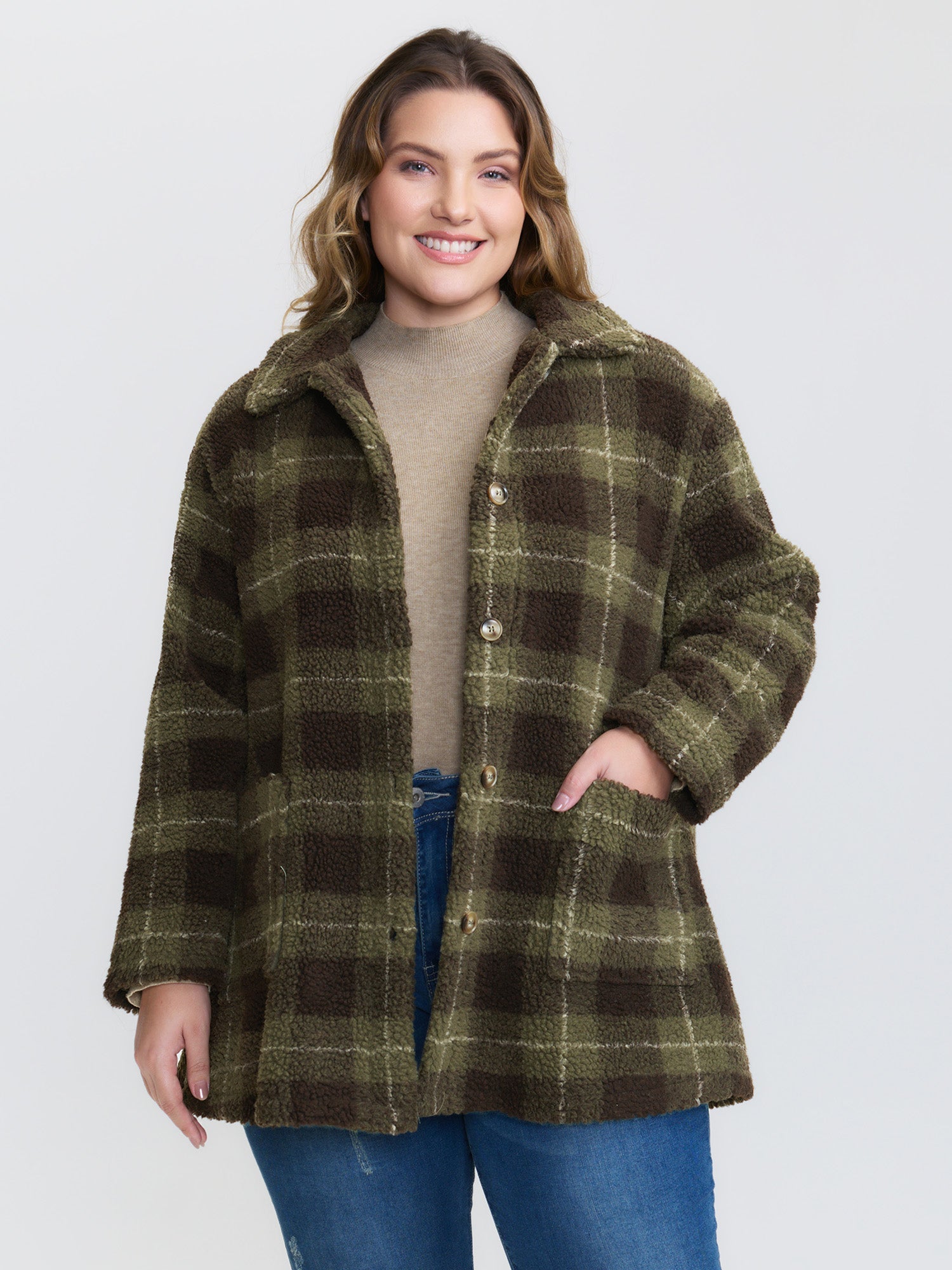 Plaid Pockets Button-Down Coat