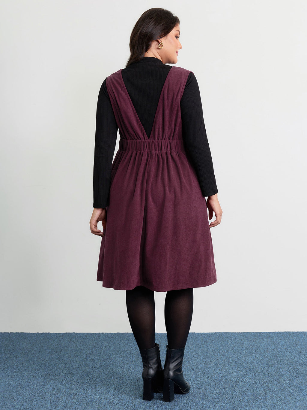 Corduroy Stretchy Waist V-Neck Midi Dress