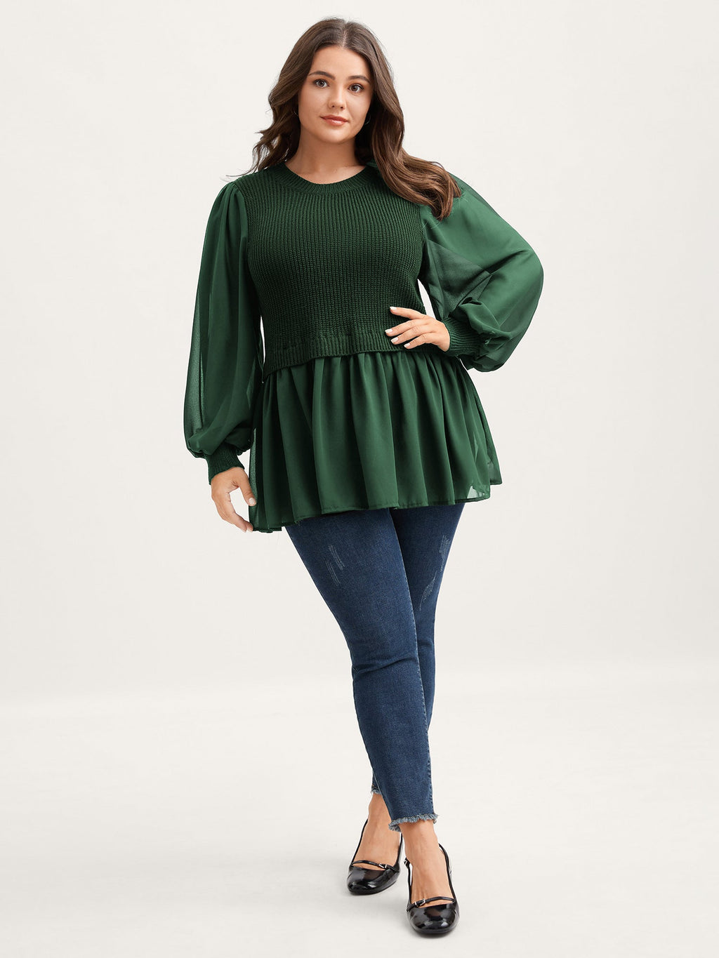 Balloon Sleeve Solid Twofer Sweater