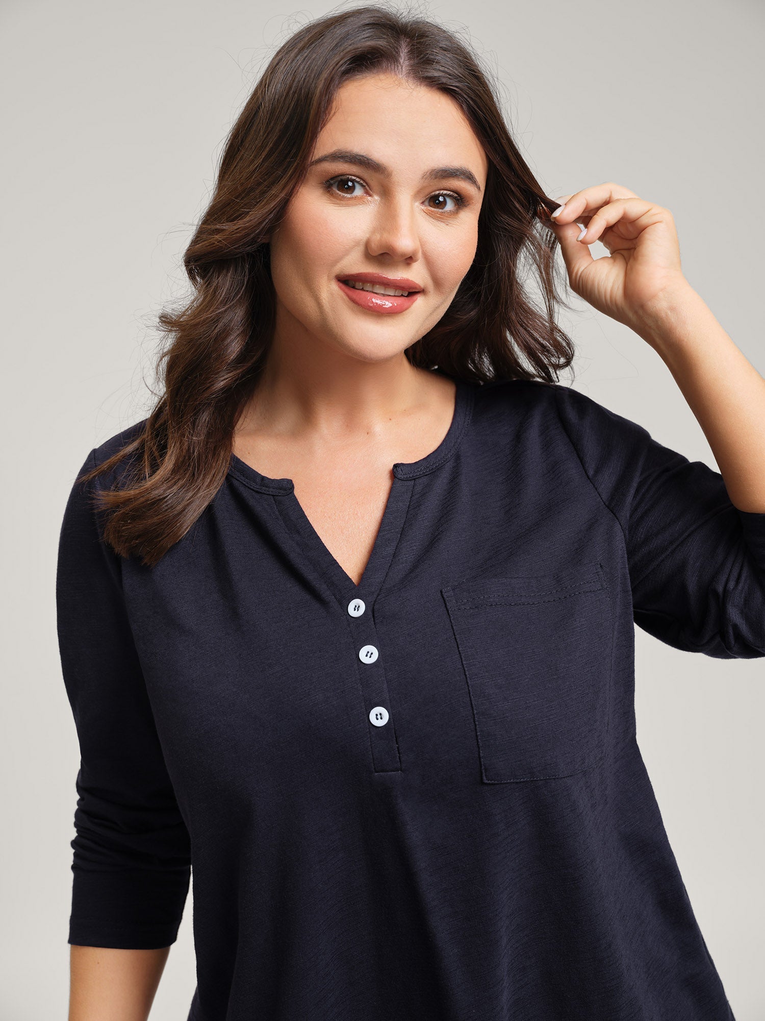 Stretchy Split Button Neckline Basic T-Shirt