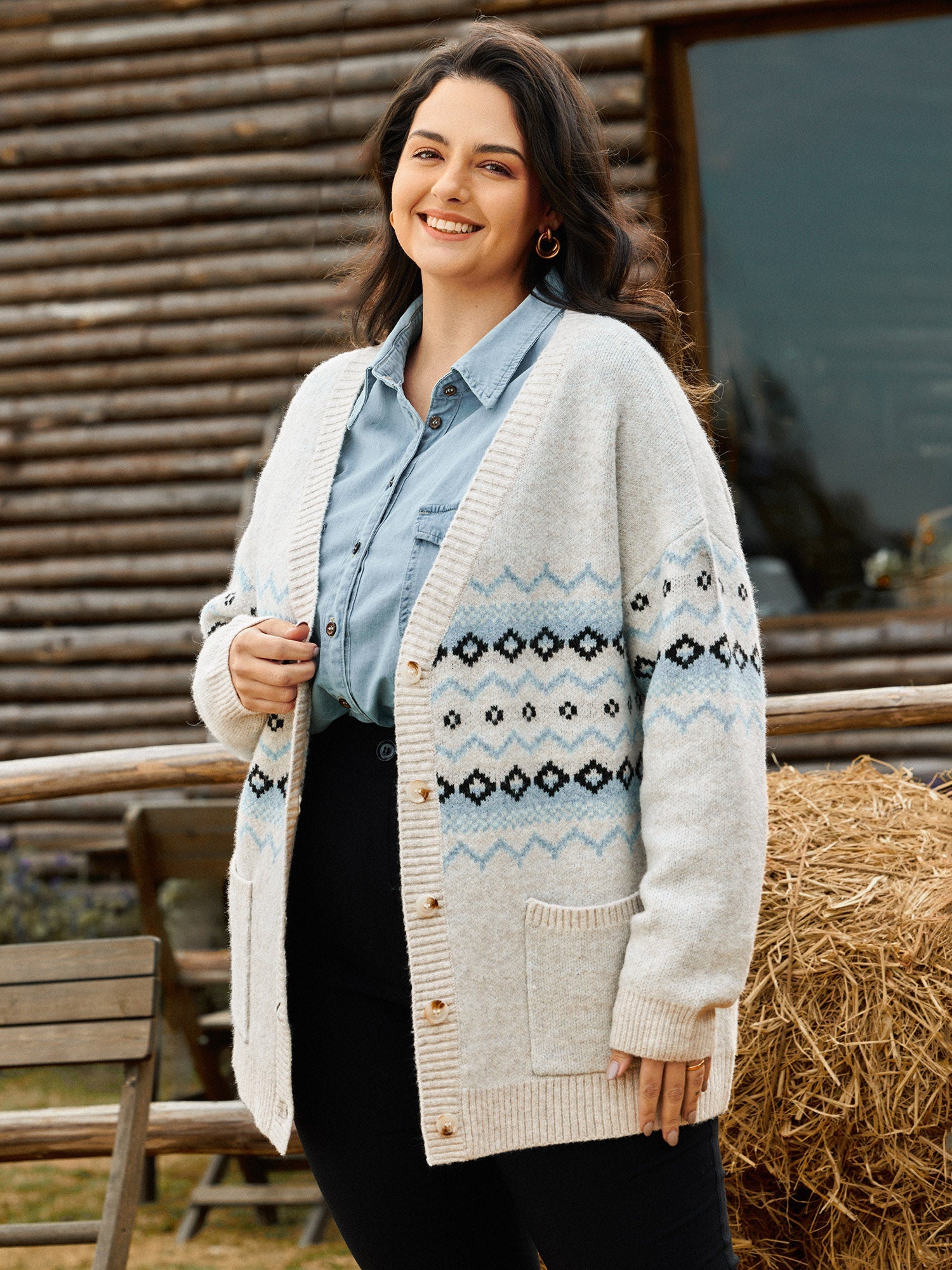 V-Neck Geometric Pattern Button Front Cardigan