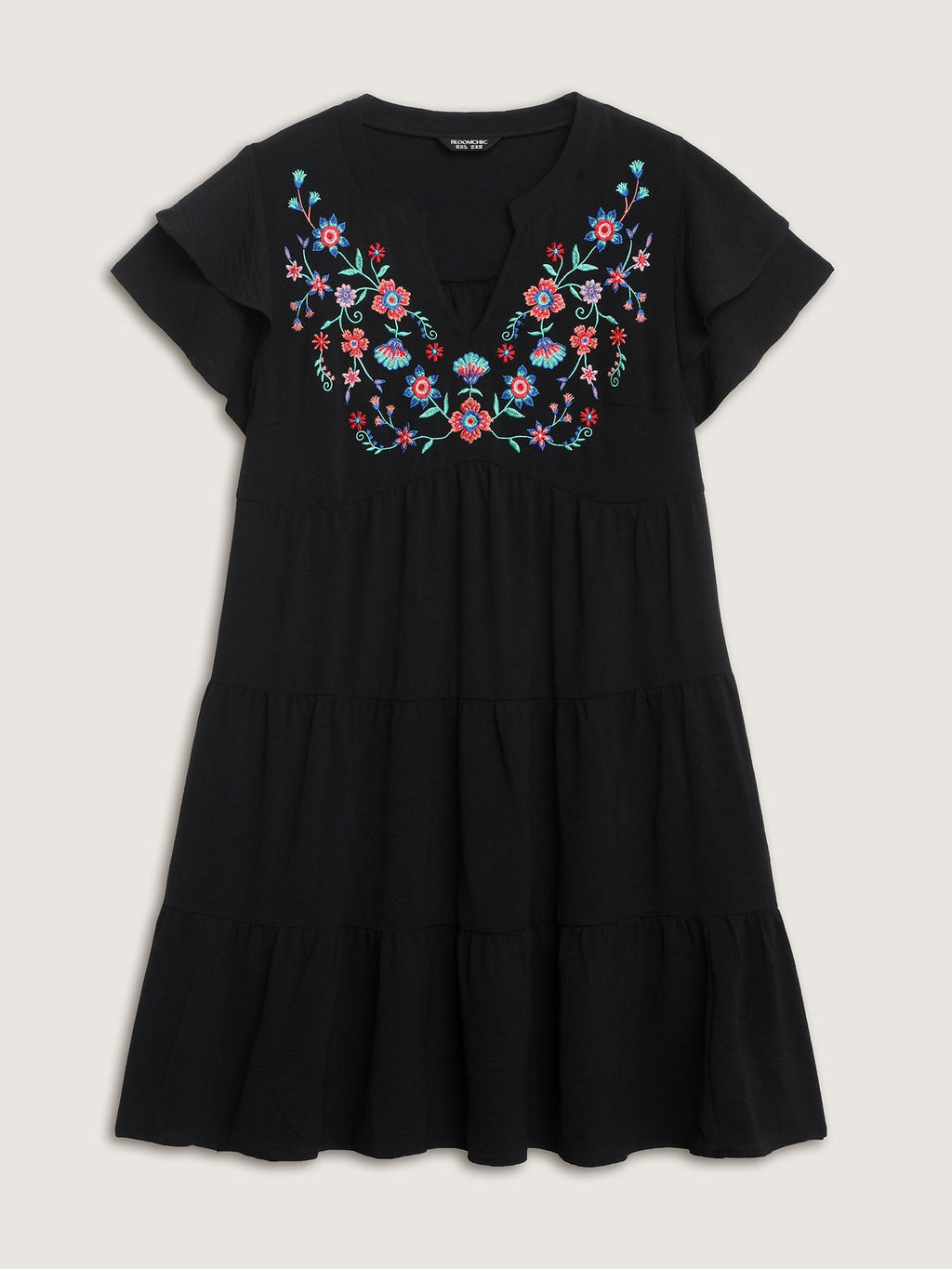 Embroidered Neckline A-Line Ruffled Knee-Length Dress