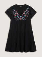 Embroidered Neckline A-Line Ruffled Knee-Length Dress