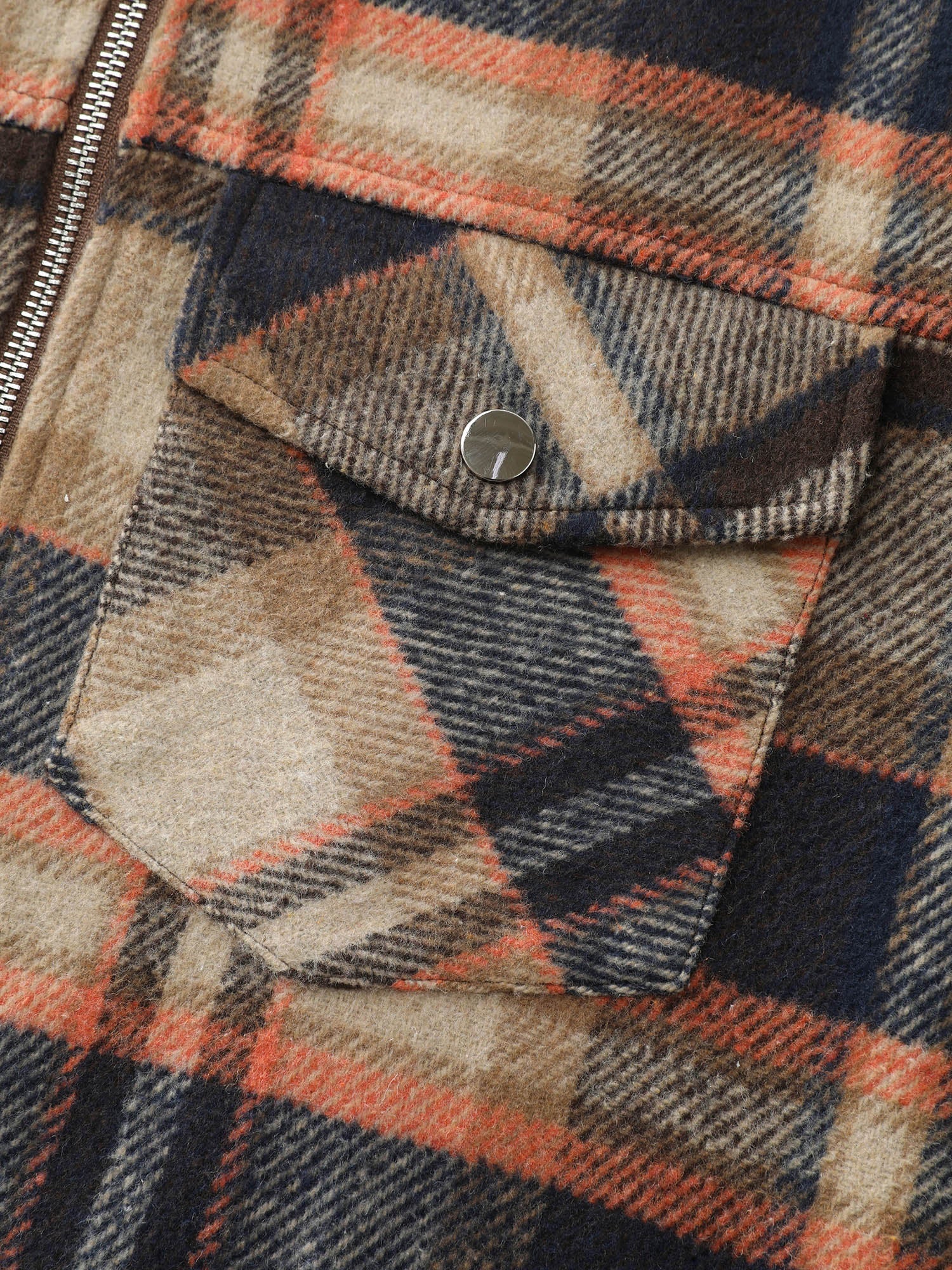 Plaid Pattern Fuzzy Collar Zipper Jacket