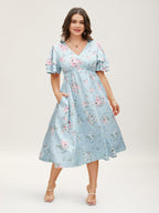 Floral Elastic Waist Tiered Ruffle Sleeve Dress
