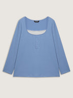 Button Placket Lace Scoop Neck T-Shirt