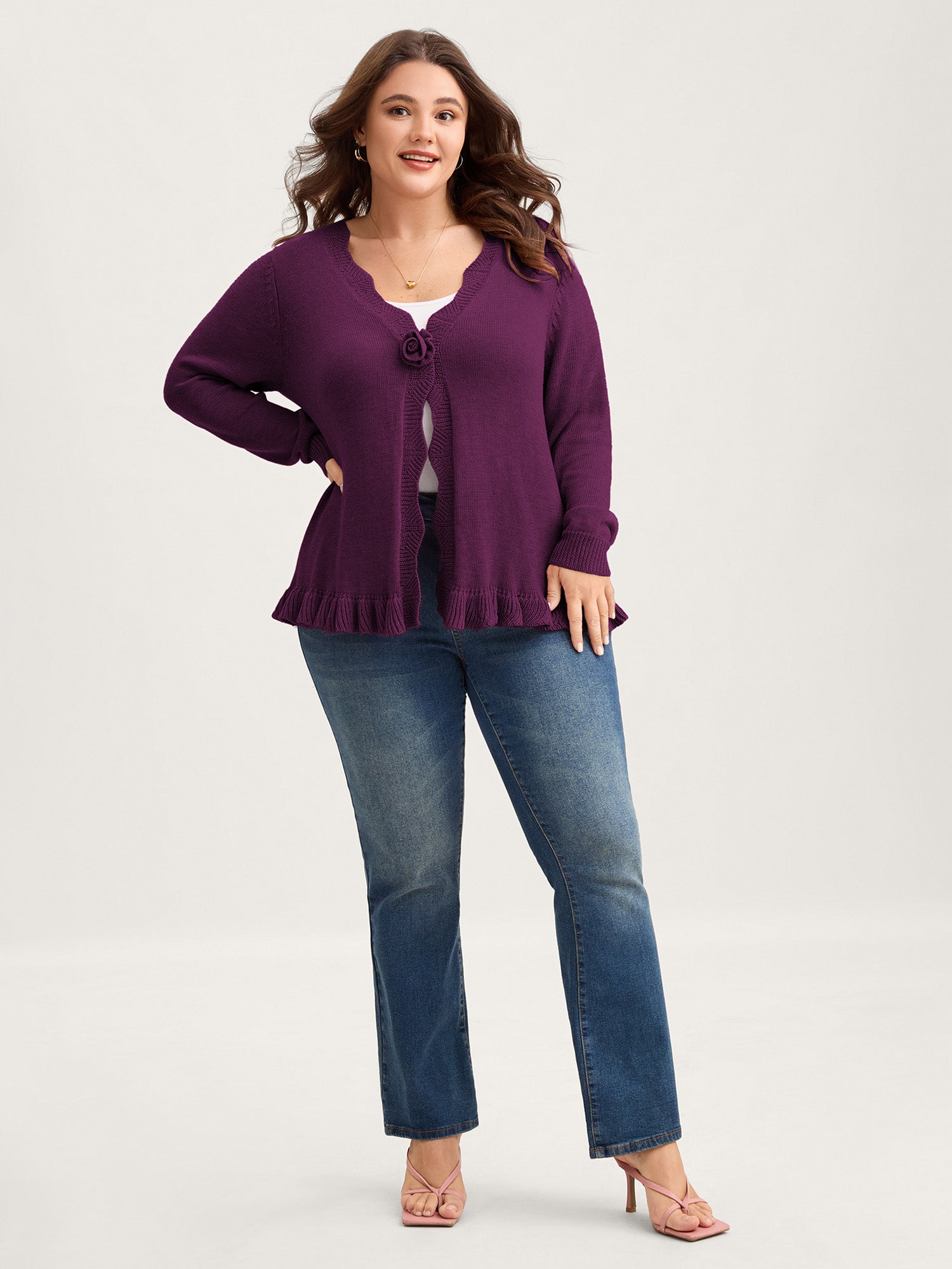 Supersoft Textured Floral Button Ruffled Hem Knit Cardigan