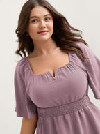 Stretchy Neckline Waist-Cinched Solid Blouse