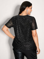 Shimmery Wrap Neck Sheer Sleeve T-Shirt