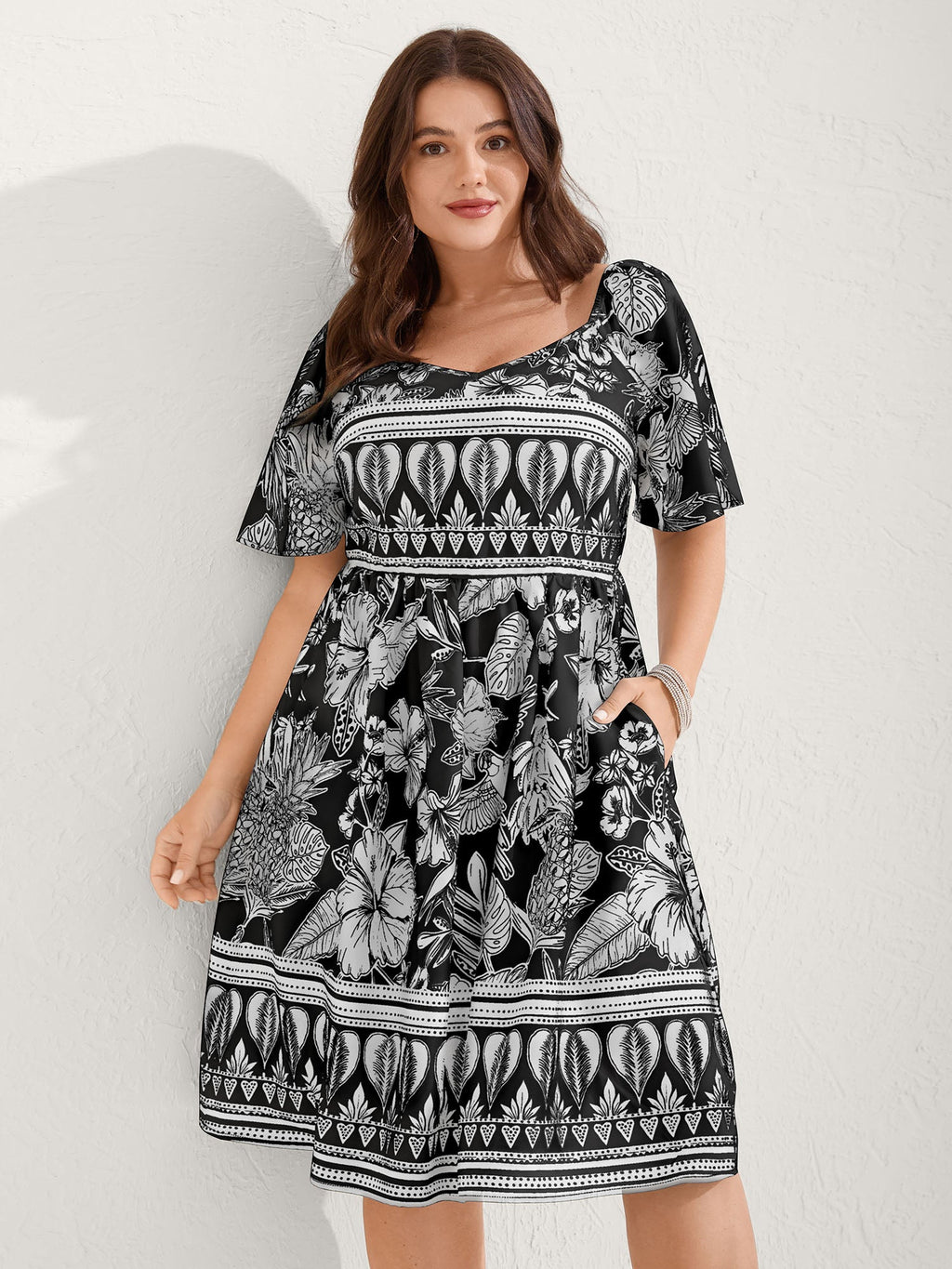 Boho Print Fit Flare Pockets Midi Dress