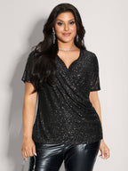 Shimmery Wrap Neck Sheer Sleeve T-Shirt
