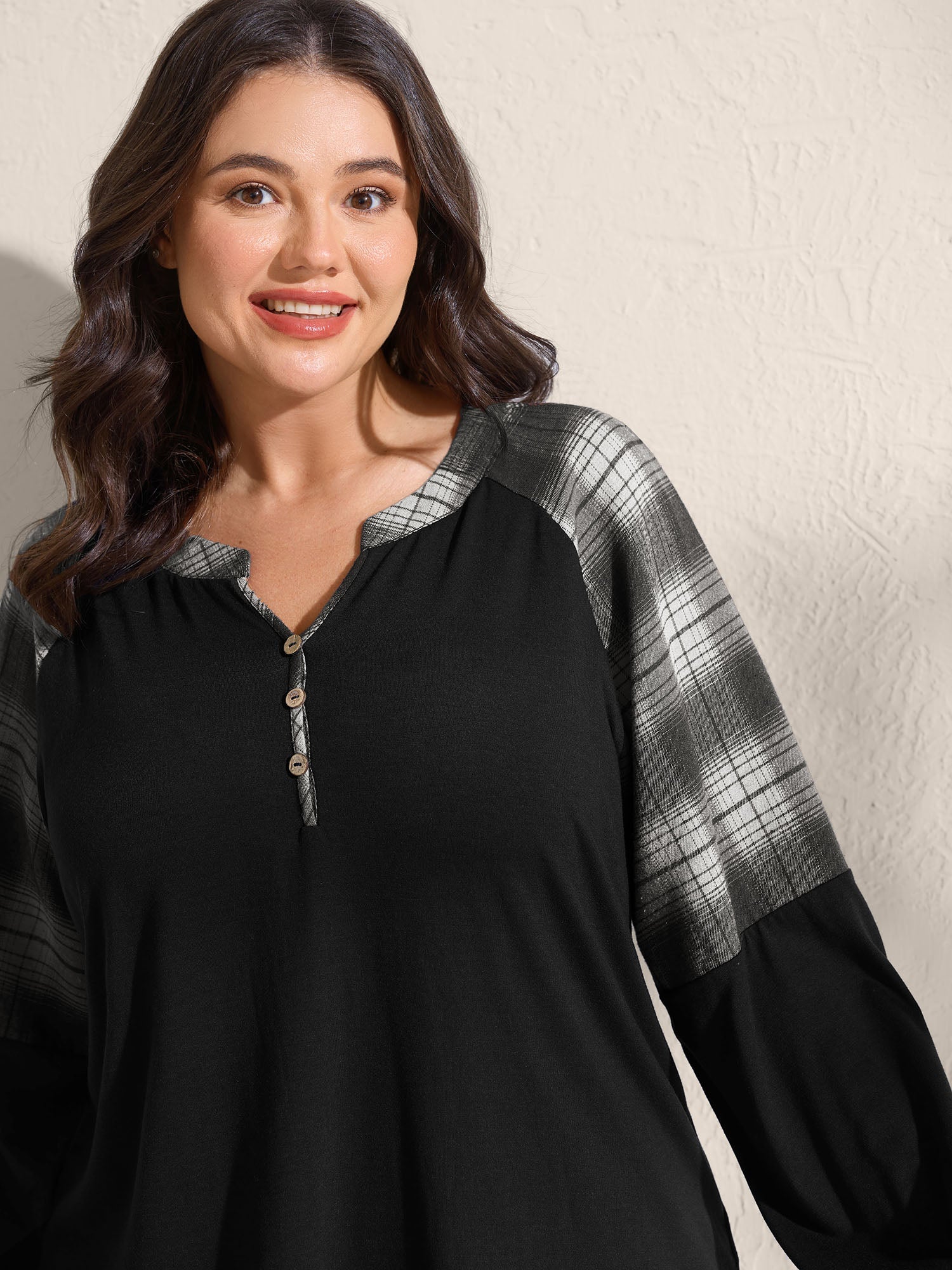 Stretchy Plaid Sleeve Split Neck T-Shirt