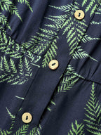 Tropical Leaf Print Pockets Button Romper