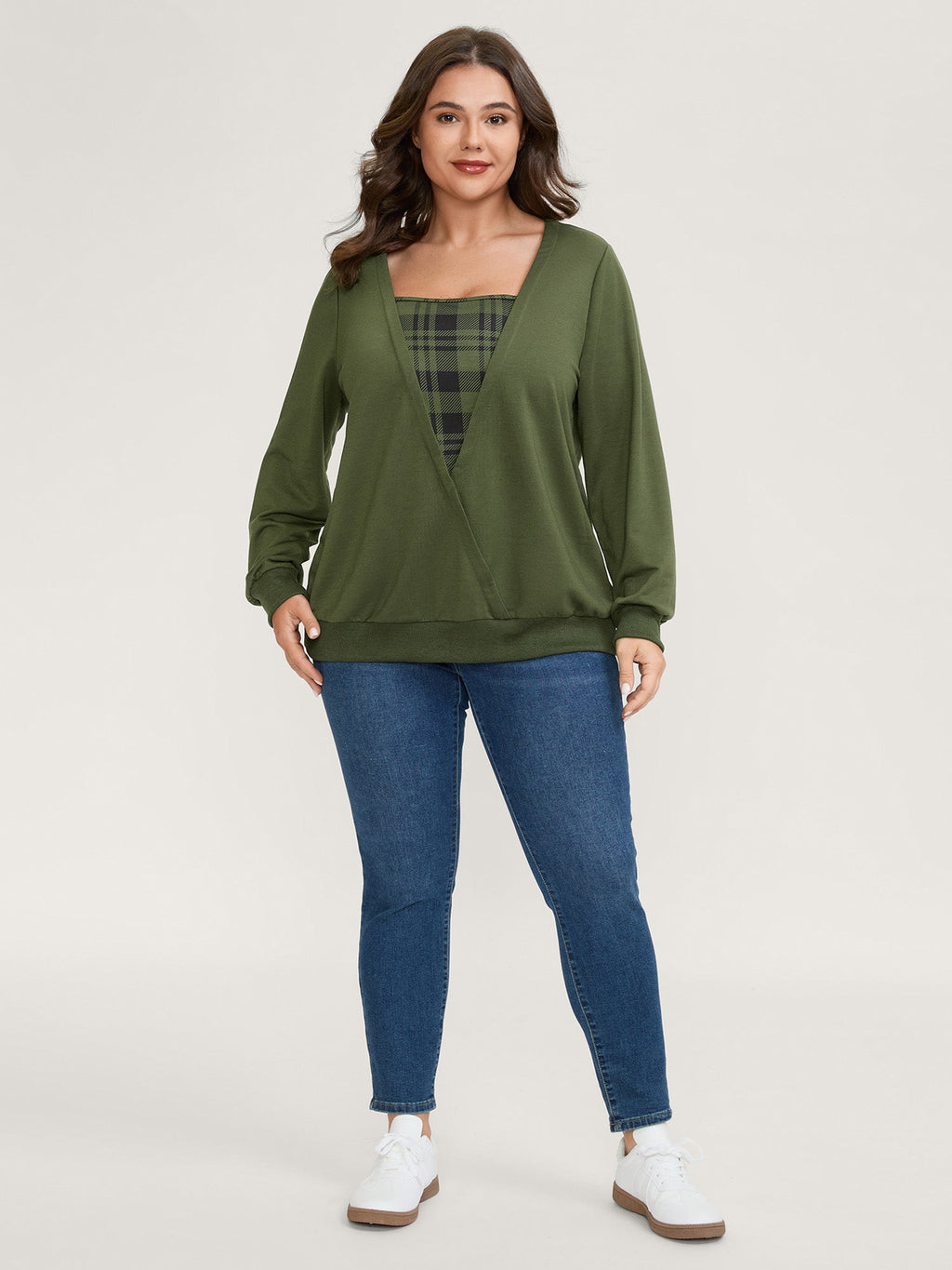 Plaid Spliced Wrap Contrast Sweatshirt