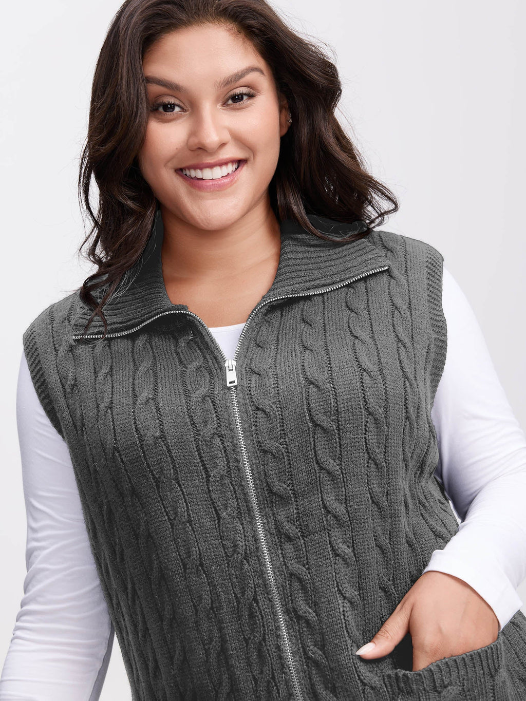 Cable Zipper Sleeveless Knit Cardigan