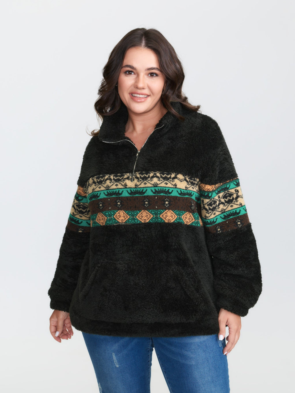 Geometric Print Zipper Collar Sweatshirt