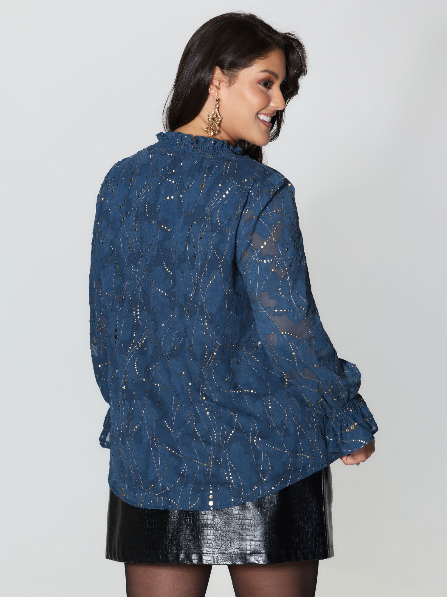 Gold Stamp Ruffled Neck Blouse