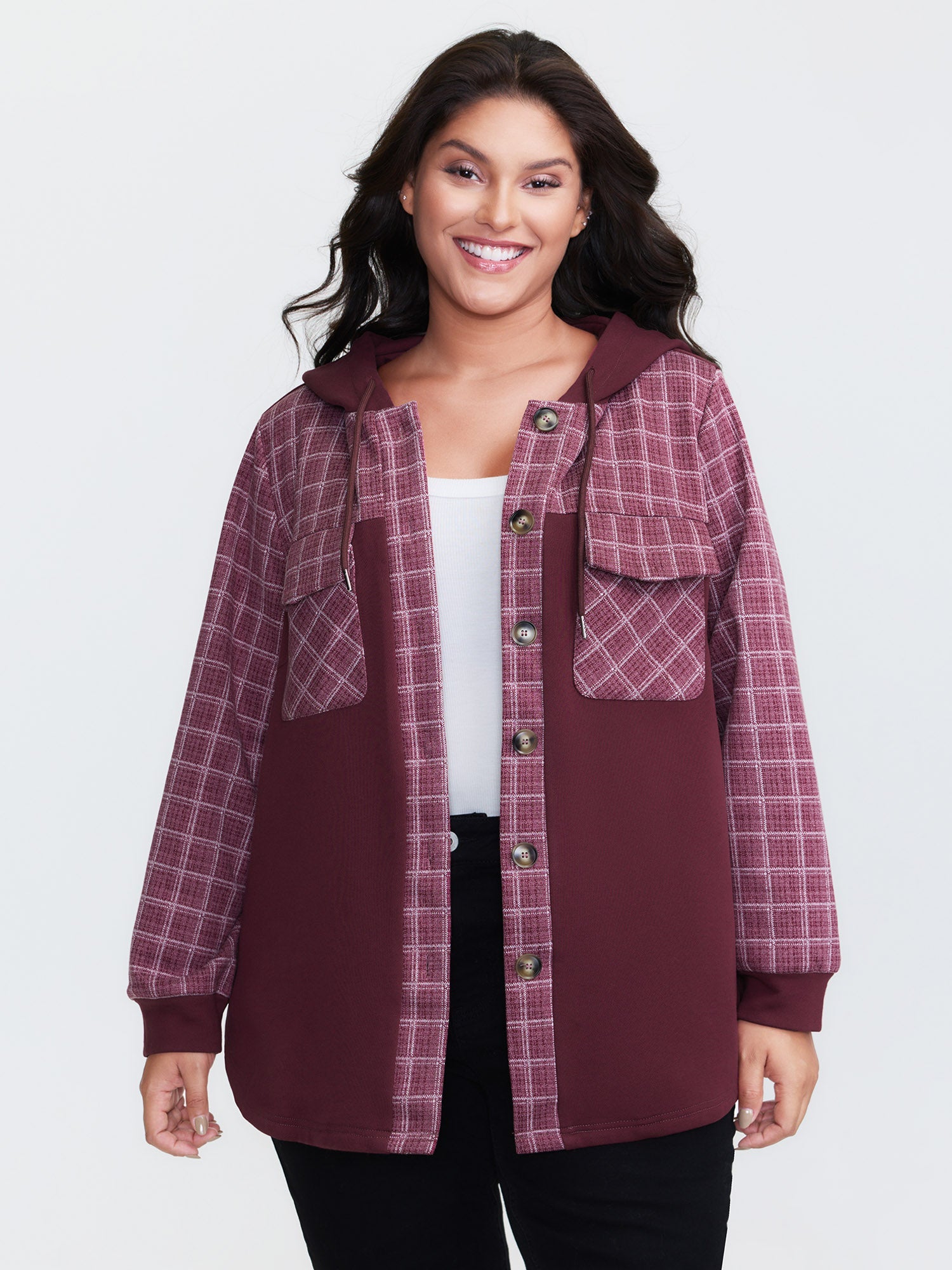 Grid Print Color Contrast Hooded Jacket