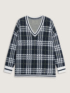 Checkered Pattern Jacquard V-Neck Pullover