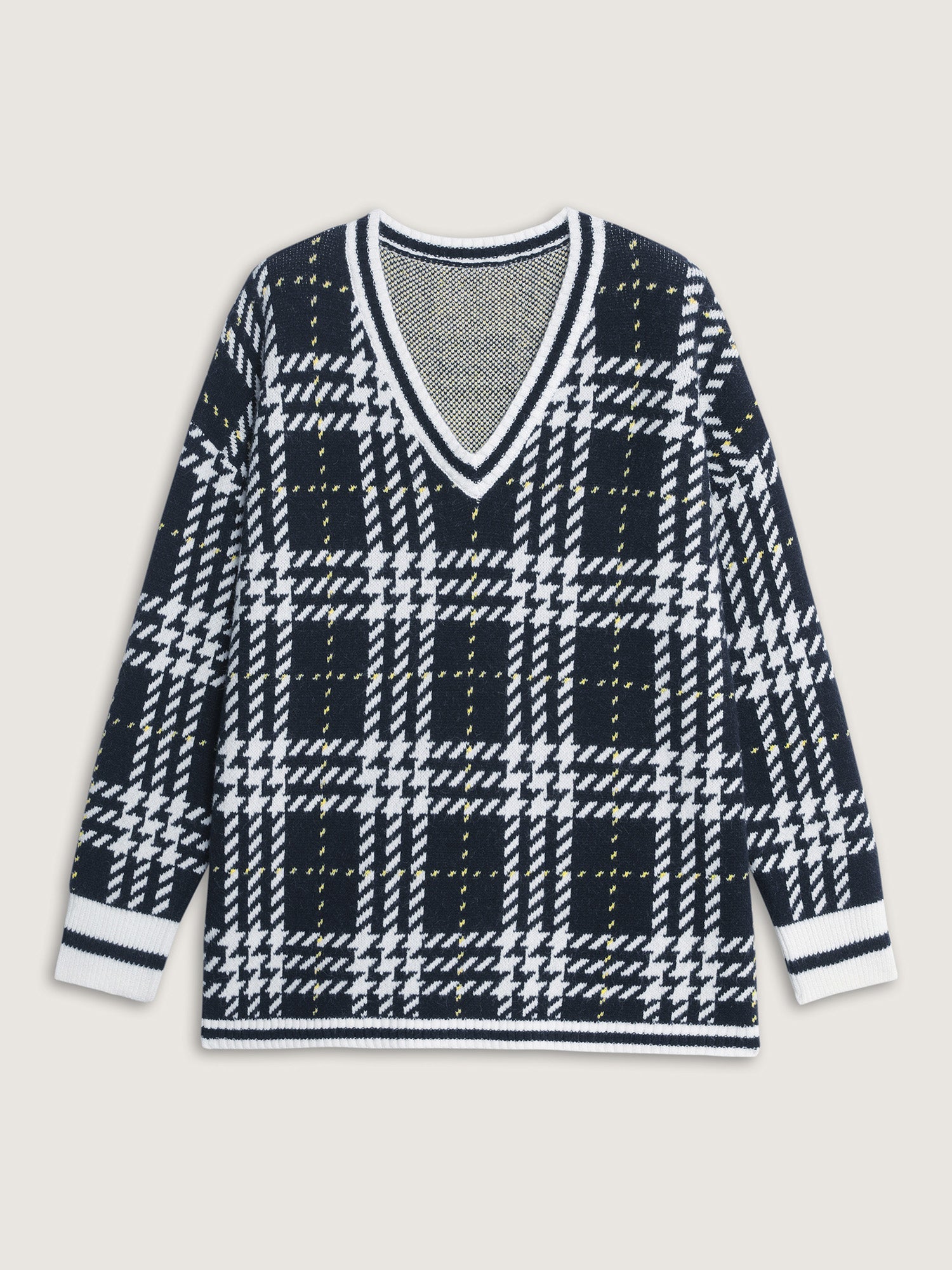 Checkered Pattern Jacquard V-Neck Pullover