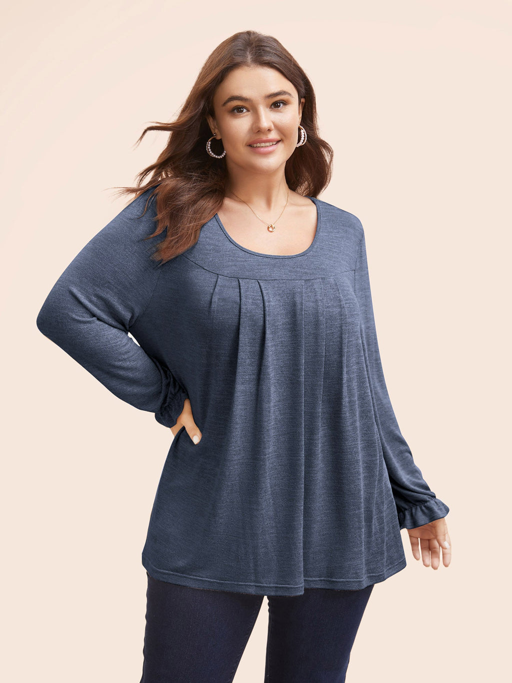 Round Neck Heather Pleated T-shirt