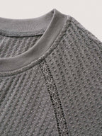 Waffle Grid Notched Collar Lace Sweatshirt