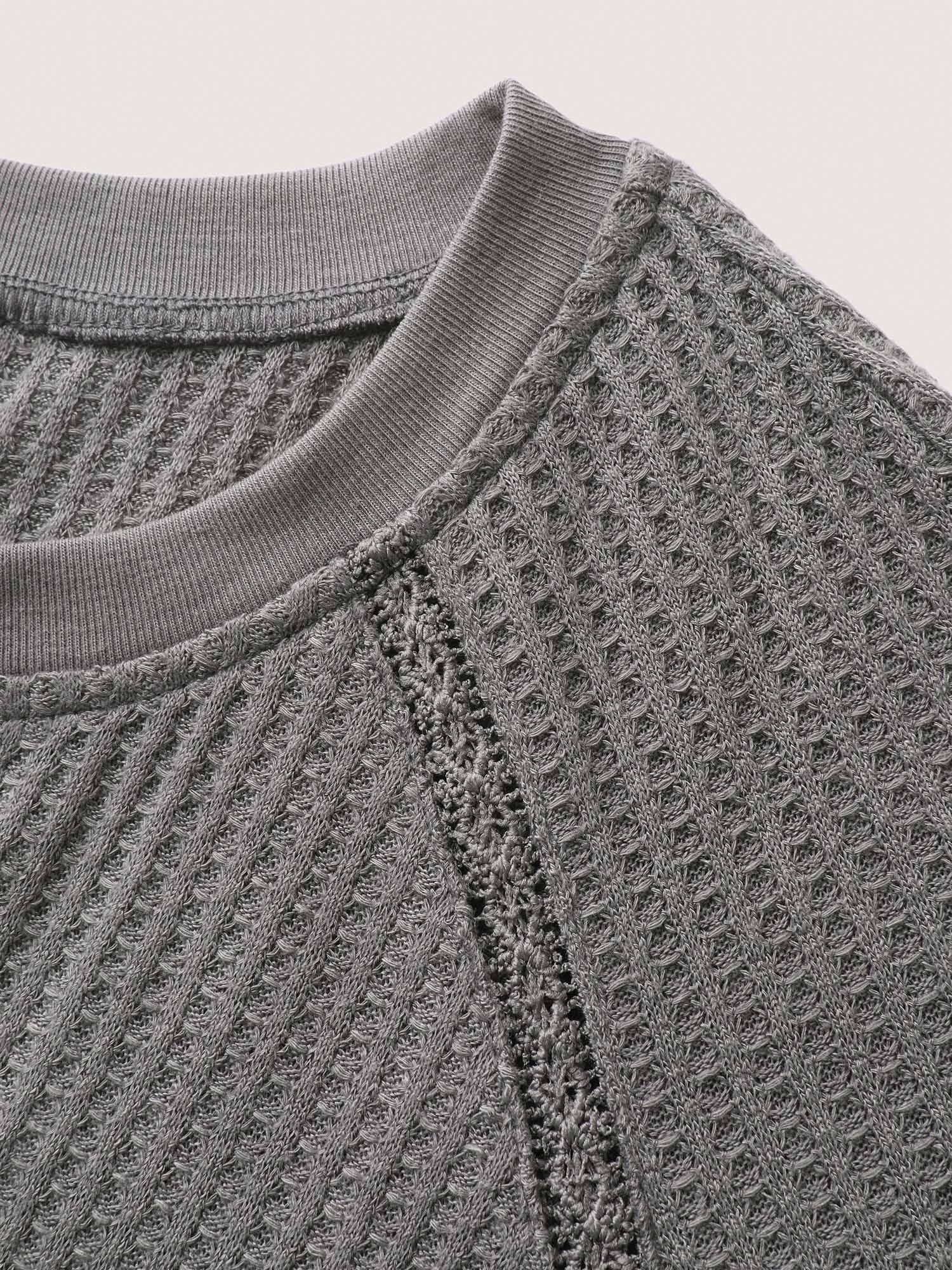 Waffle Grid Notched Collar Lace Sweatshirt