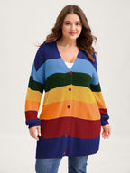 Colorblock Contrast Texture Button Cardigan