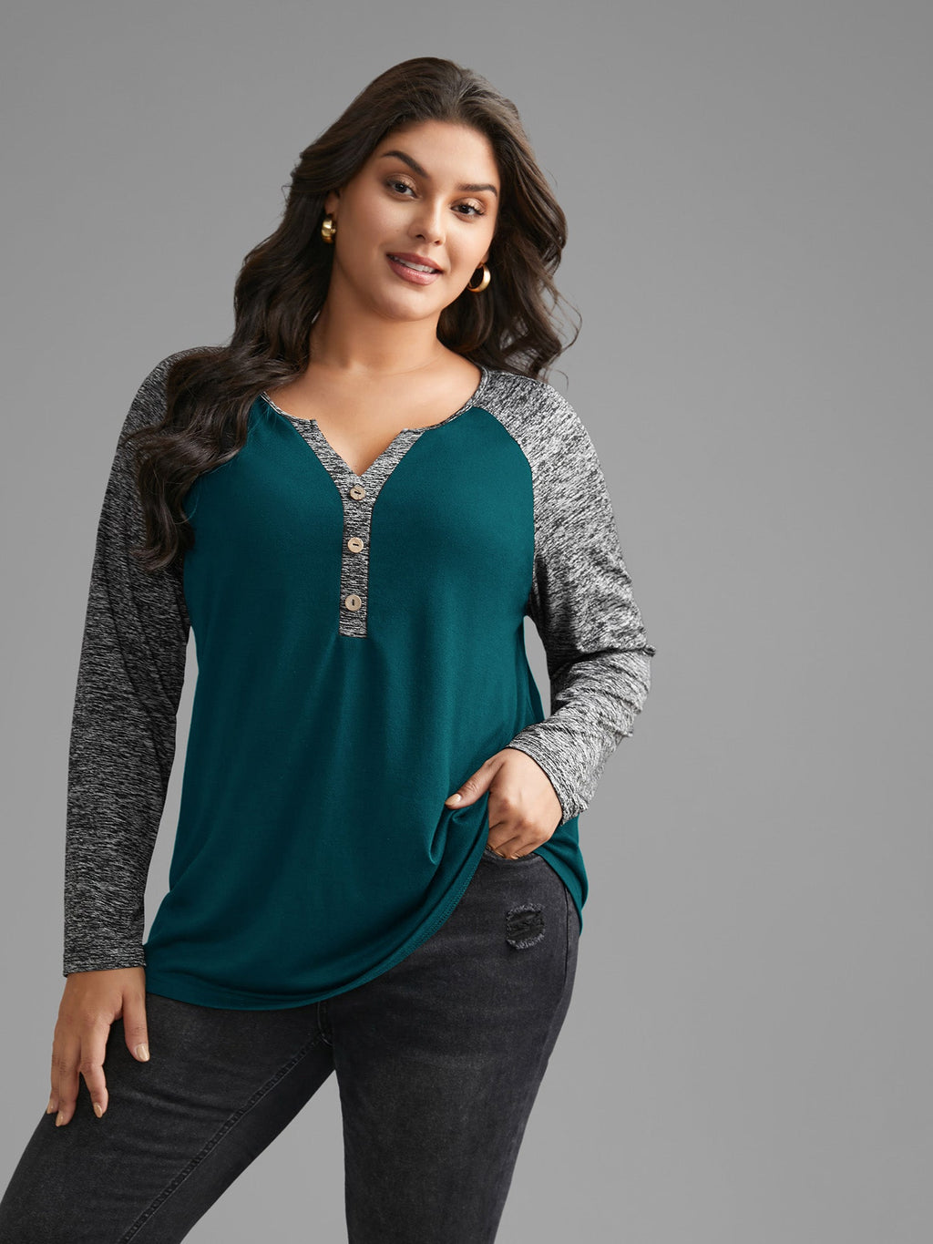 Heather Patchwork Button Detail Stretchy T-Shirt