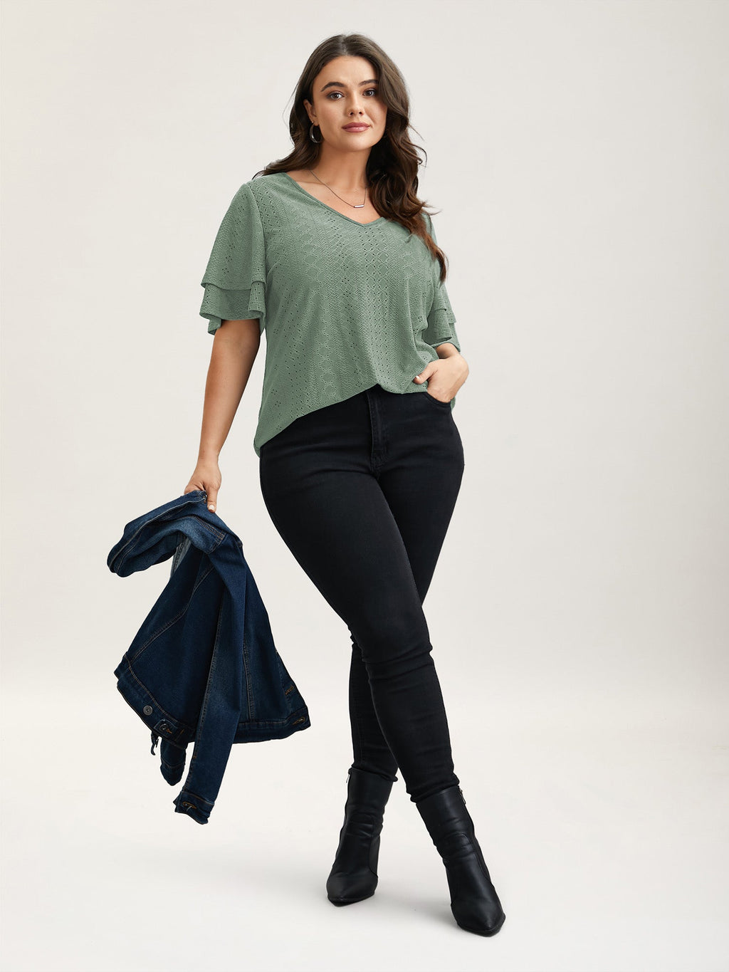 Jacquard Textured Lotus Leaf Sleeve Top