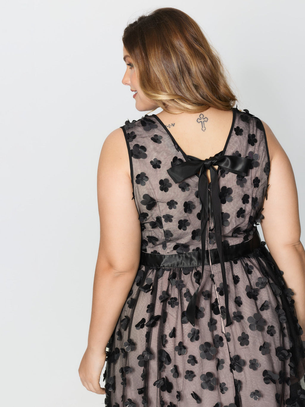 3D Floral Back-Tie Sheer Midi Dress