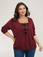 Plaid Spliced Wrap Contrast Sweatshirt