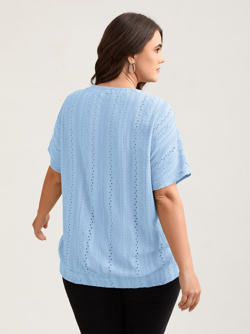 Eyelet Trim Stretchy Textured Plain Top