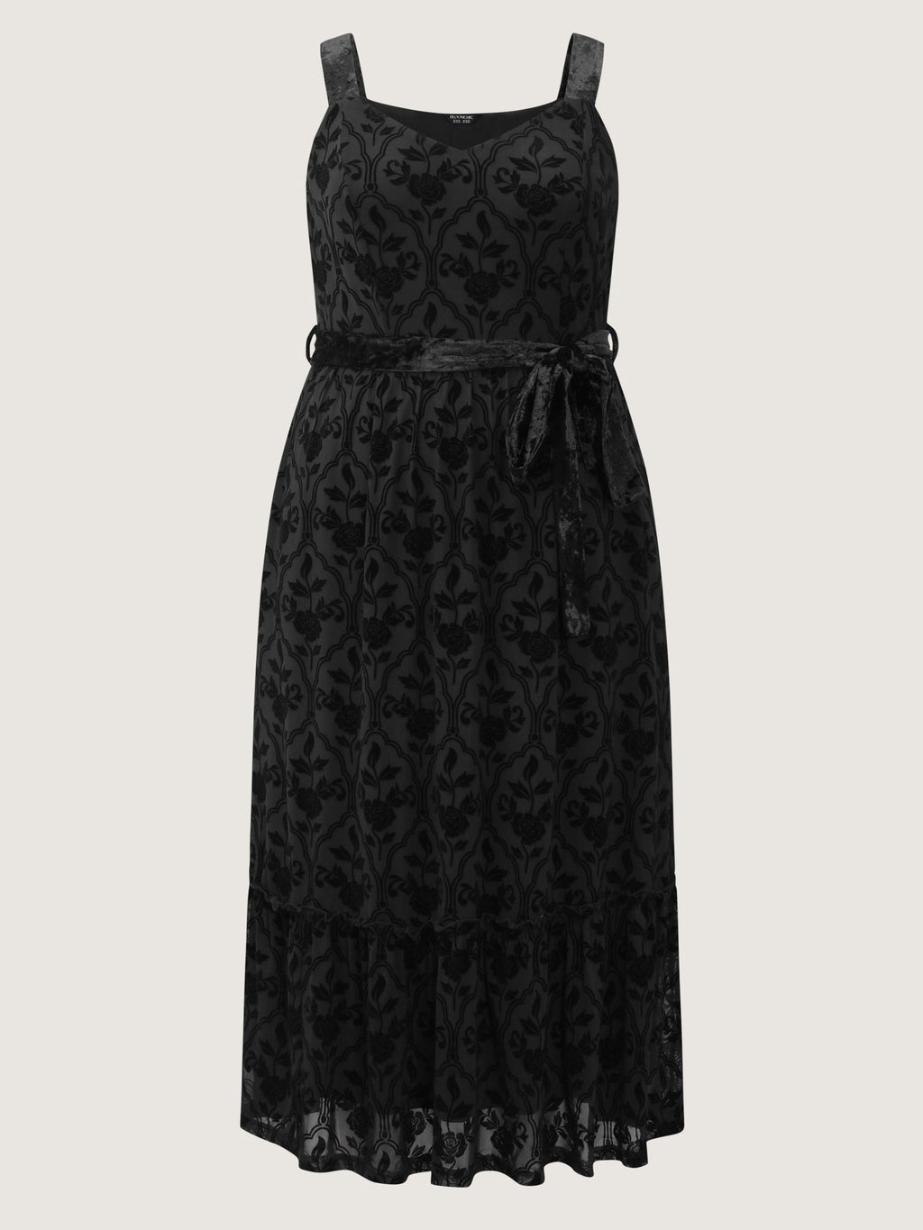 Flocked Spliced Velvety Tie Midi Dress