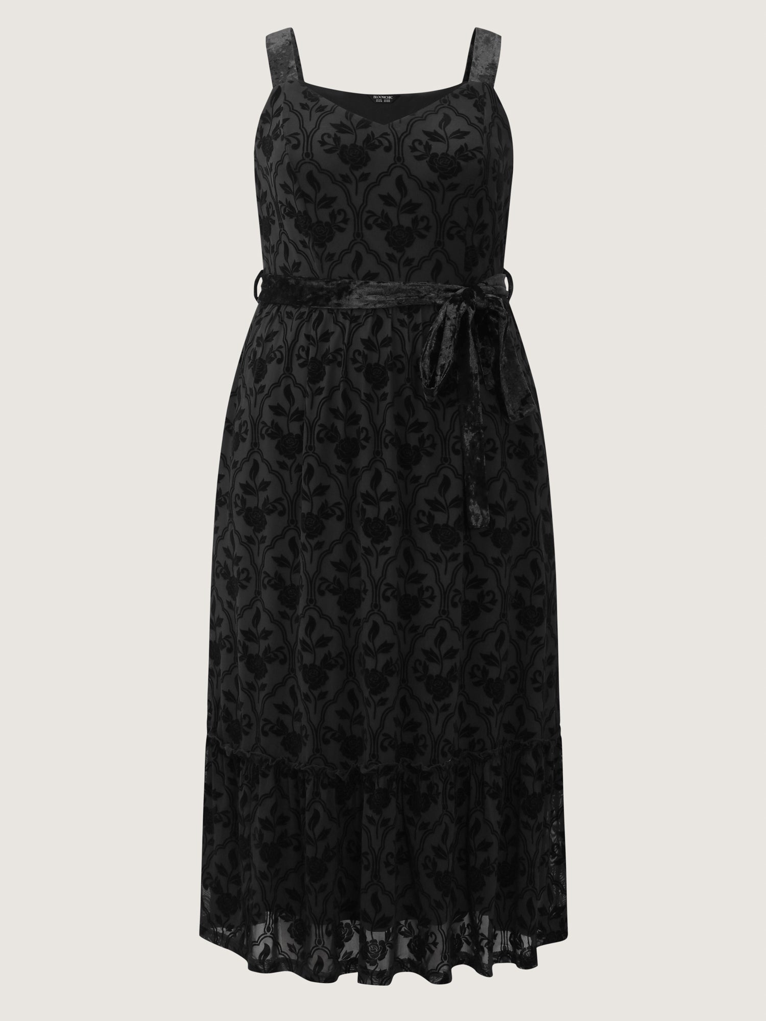Flocked Spliced Velvety Tie Midi Dress
