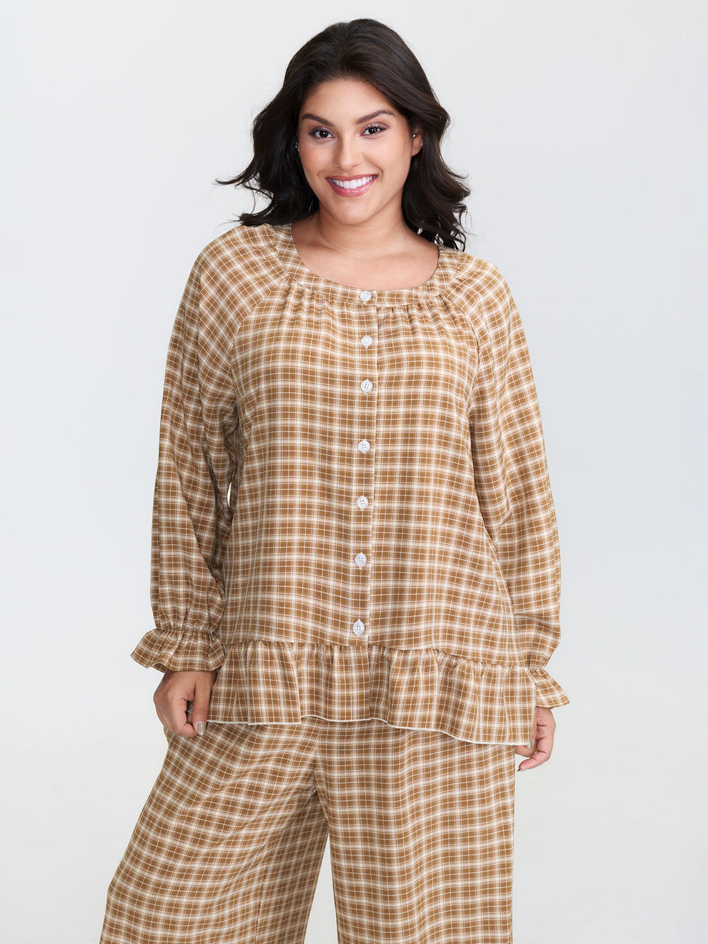 Gingham Ruffled Hem Loungewear Set
