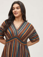 Striped Contrast Dolman Sleeve Shirred Pocket Split Flutter Dress