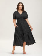 Solid Textured Lantern Sleeve Button Detail Dress