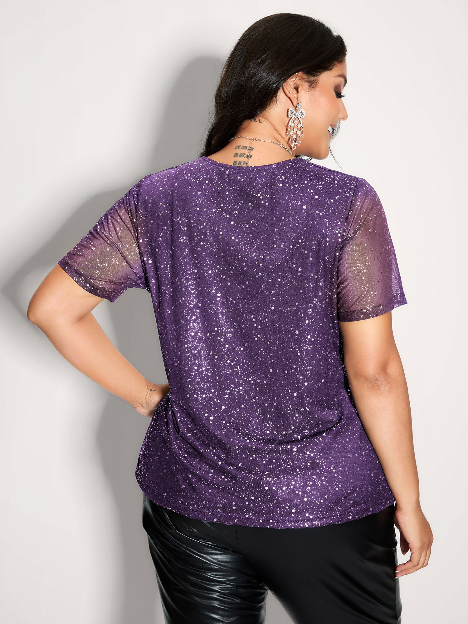 Shimmery Wrap Neck Sheer Sleeve T-Shirt
