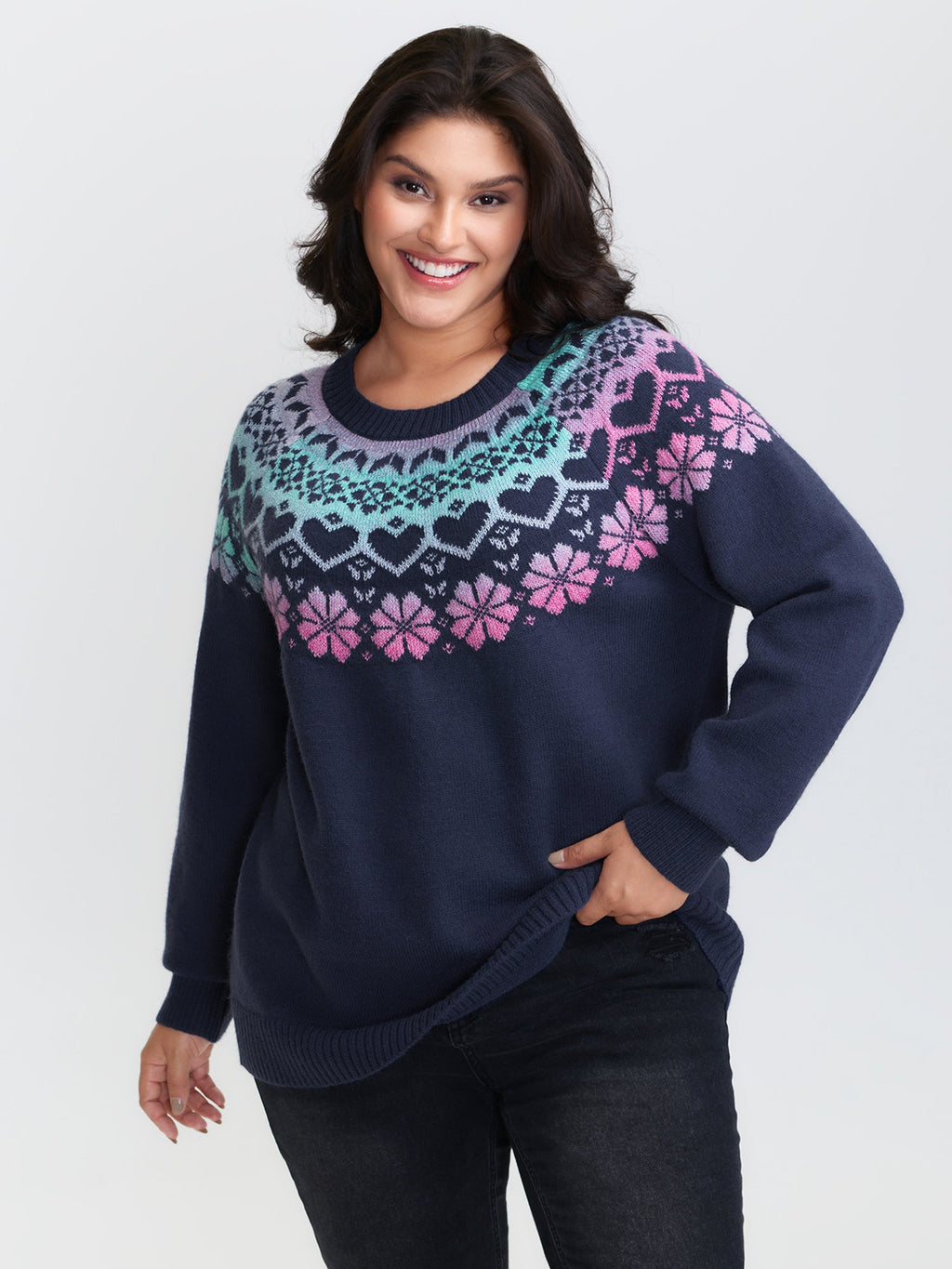 Stretchy Floral Color Gradient Jacquard Pullover