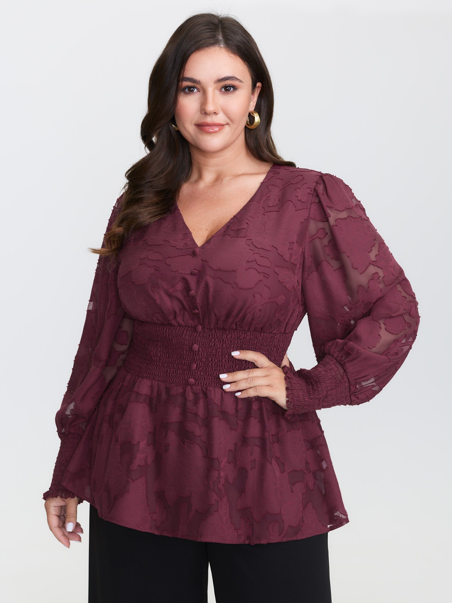 Laser Cut Shirred Waist Button Blouse